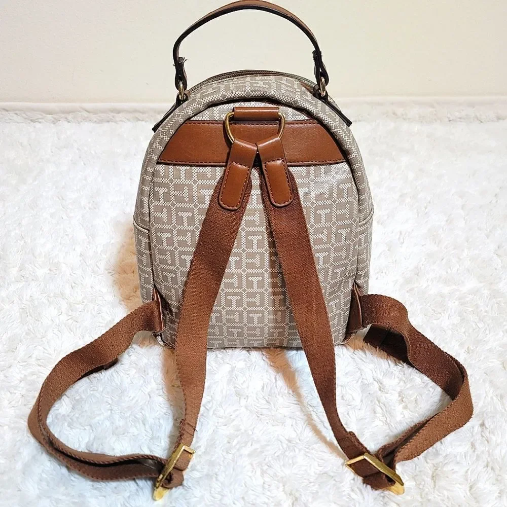 Tommy Hilfiger Tan Printed Noe Beige Bucket Faux Leather Bag Mini Backpack